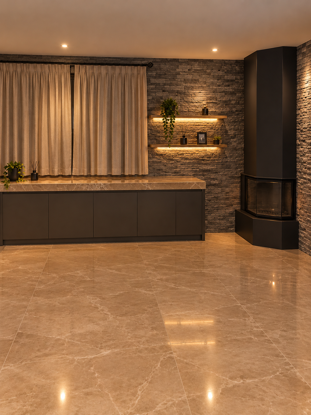 Vestíbulo moderno con suelo de mármol, pared de piedra decorativa, cortinas, armarios oscuros e iluminación cálida empotrada