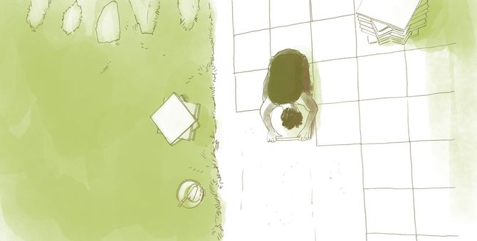 Un dessin d'un paysagiste grimpant à un arbre afin de pratiquer l'élagage