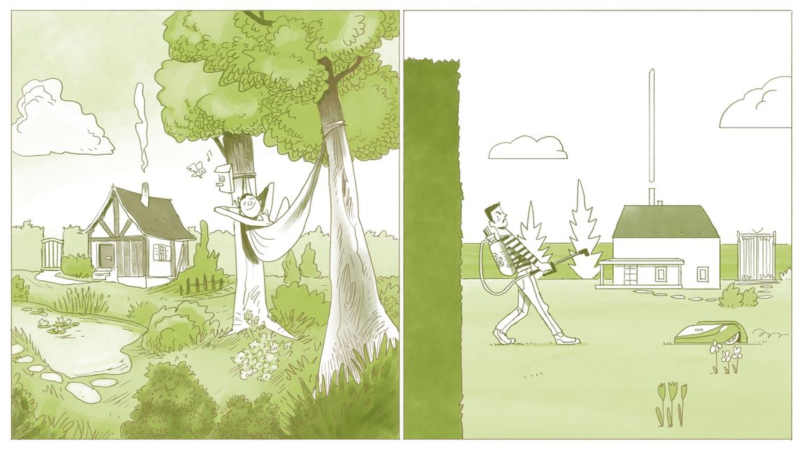 un homme d'un arbre en une cour ; une scène présente une petite maison et l'autre une maison de style moderne.