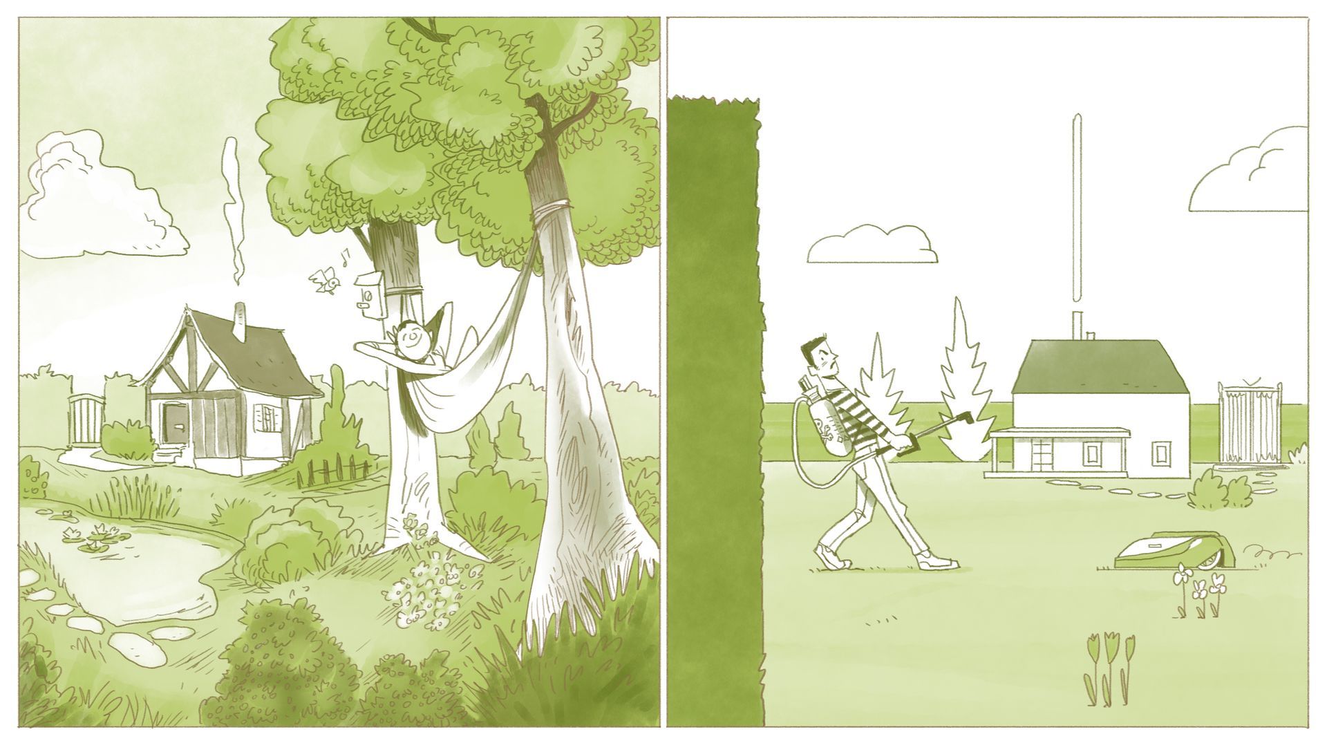 un homme d'un arbre en une cour ; une scène présente une petite maison et l'autre une maison de style moderne.