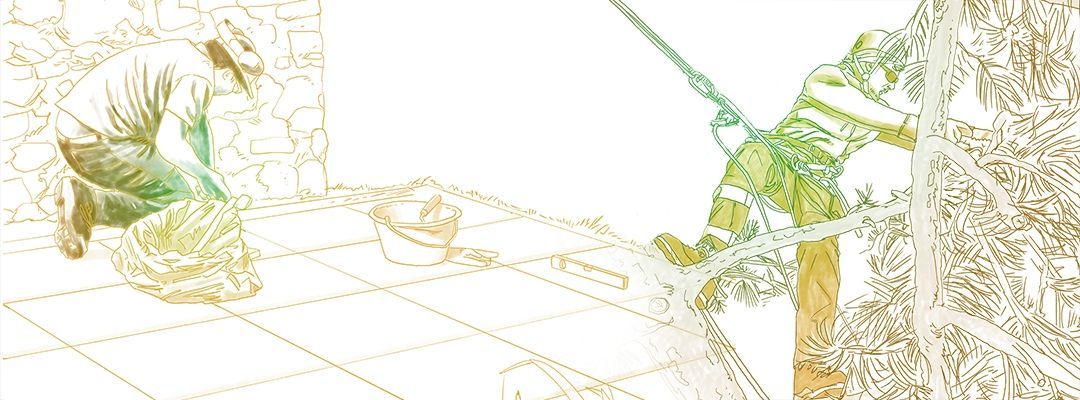 Un dessin d'une personne pendue à une branche d'arbre pour pratiquer l'élagage