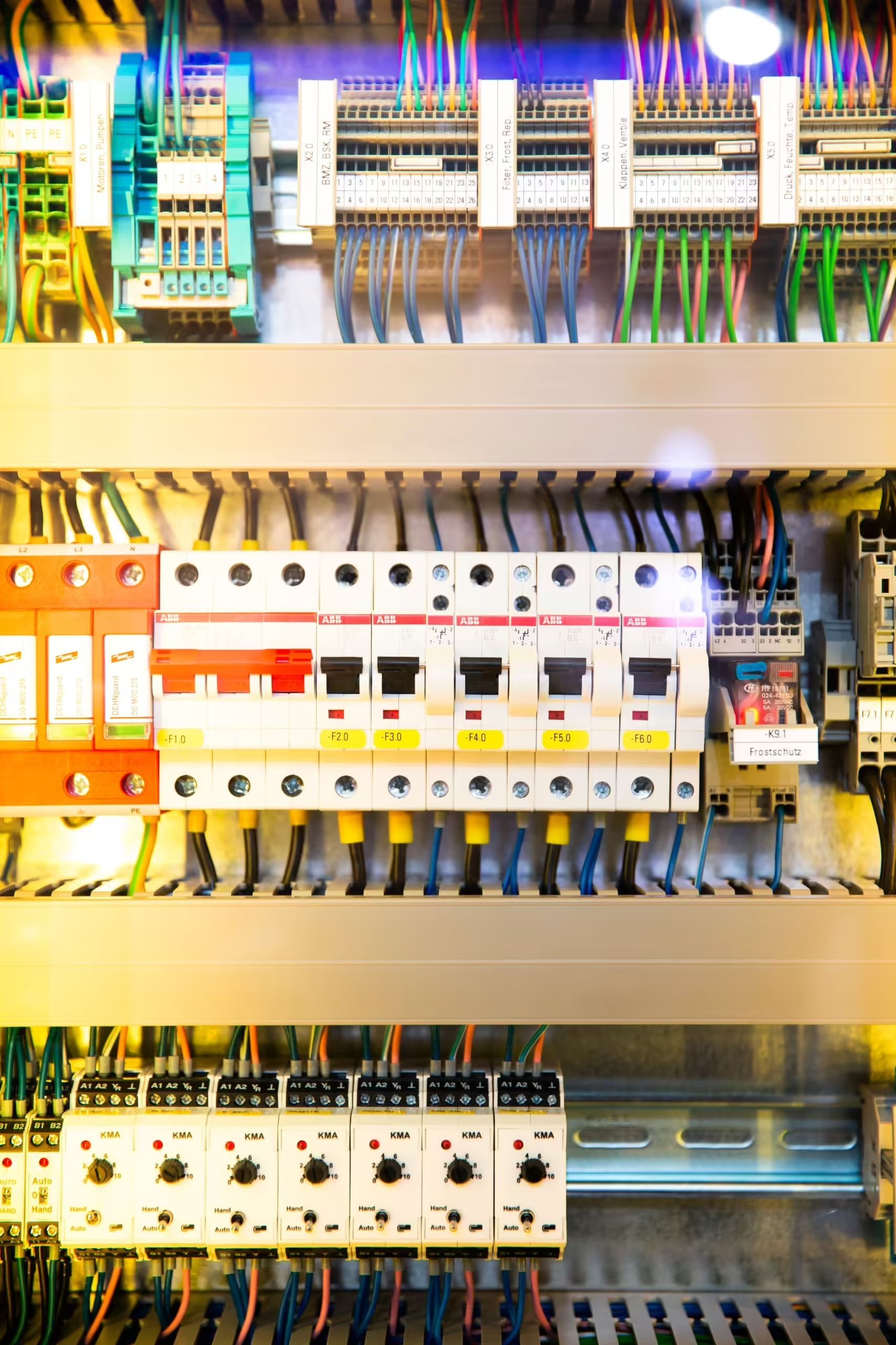 Un primer plano de un panel de control eléctrico con muchos cables.