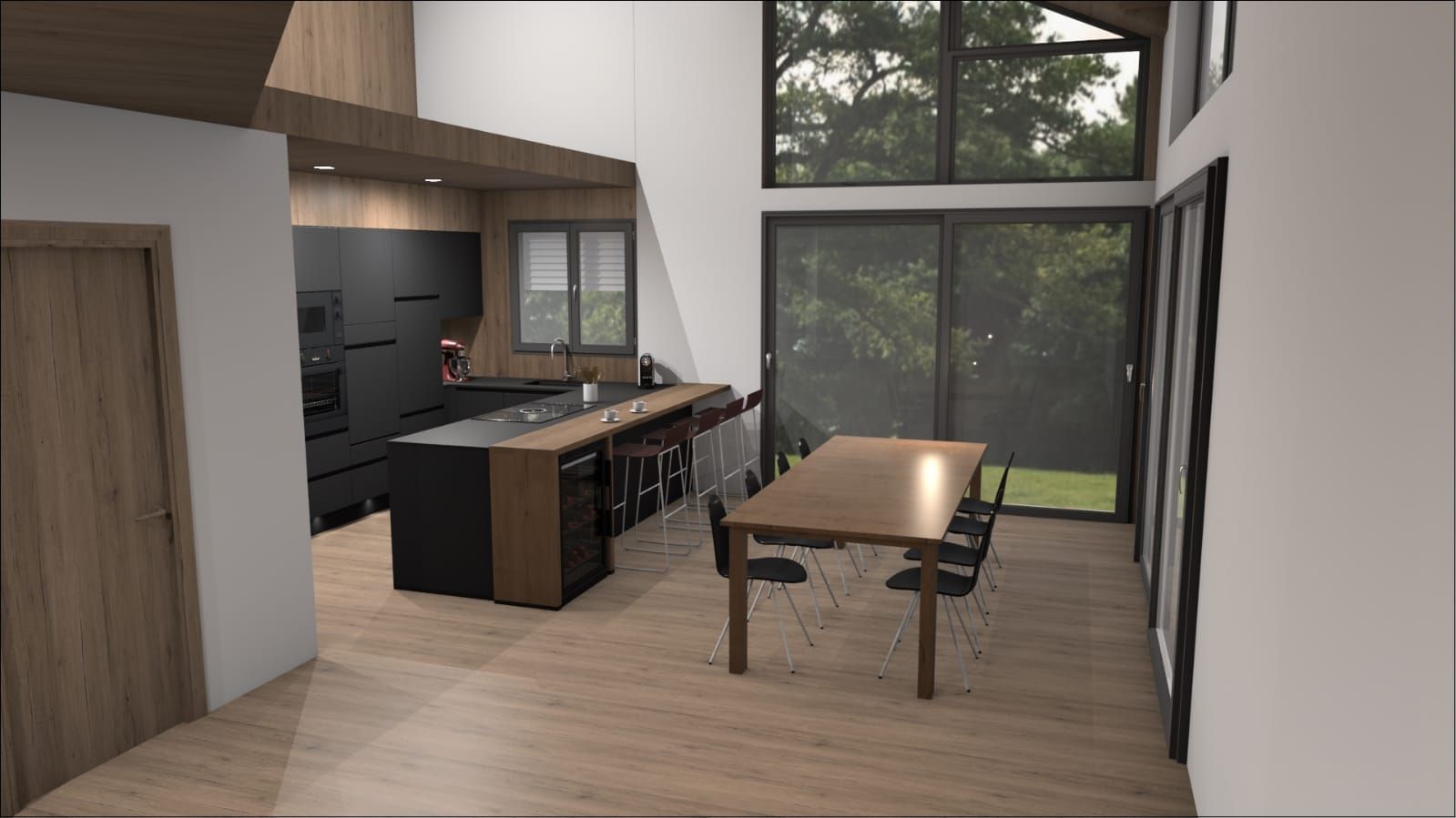 Une cuisine et une salle à manger modernes avec des armoires foncées, un îlot en bois avec des tabourets et une table en bois près de grandes fenêtres.