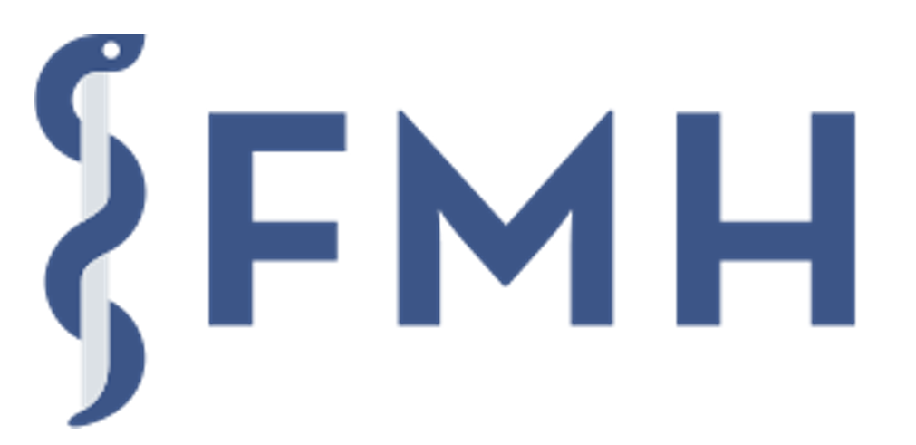 Das Logo von FMH ist blau und weiß und zeigt eine Schlange.