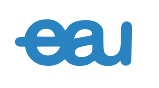 Ein blaues Eau-Logo auf weißem Hintergrund