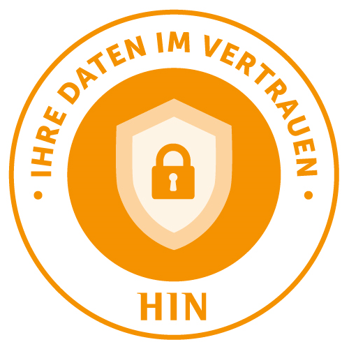 A shield with a padlock inside of a circle that says ihre daten im vertrauen hin