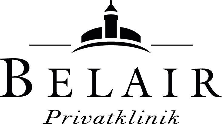 Ein schwarz-weißes Logo für ein Unternehmen namens Belair Privatklinik.