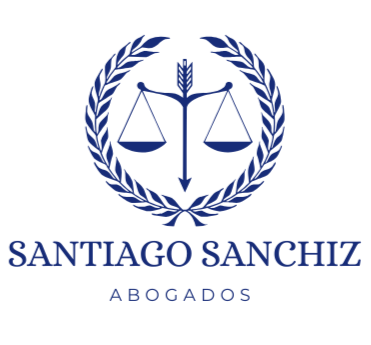 Logotipo para el despacho de abogados Santiago Sanchiz Abogados, que presenta una balanza dentro de una corona de laurel,