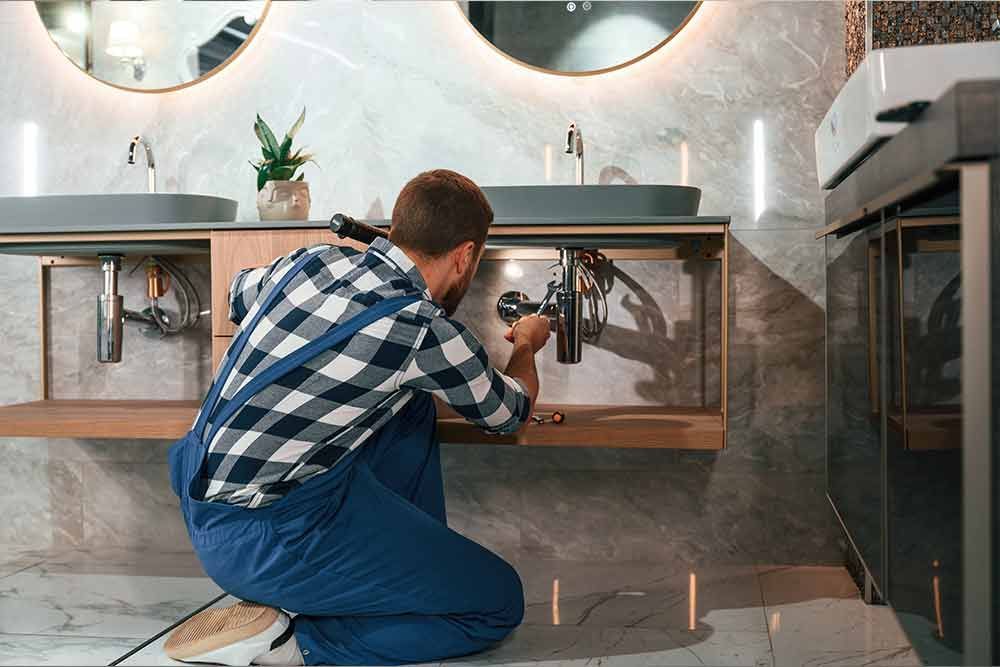 Ein Klempner repariert einen Abfluss in einem Badezimmer .