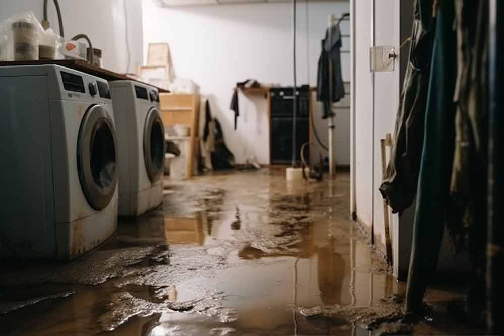 eine schmutzige Waschküche mit Waschmaschinen und einem schlammigen Boden .