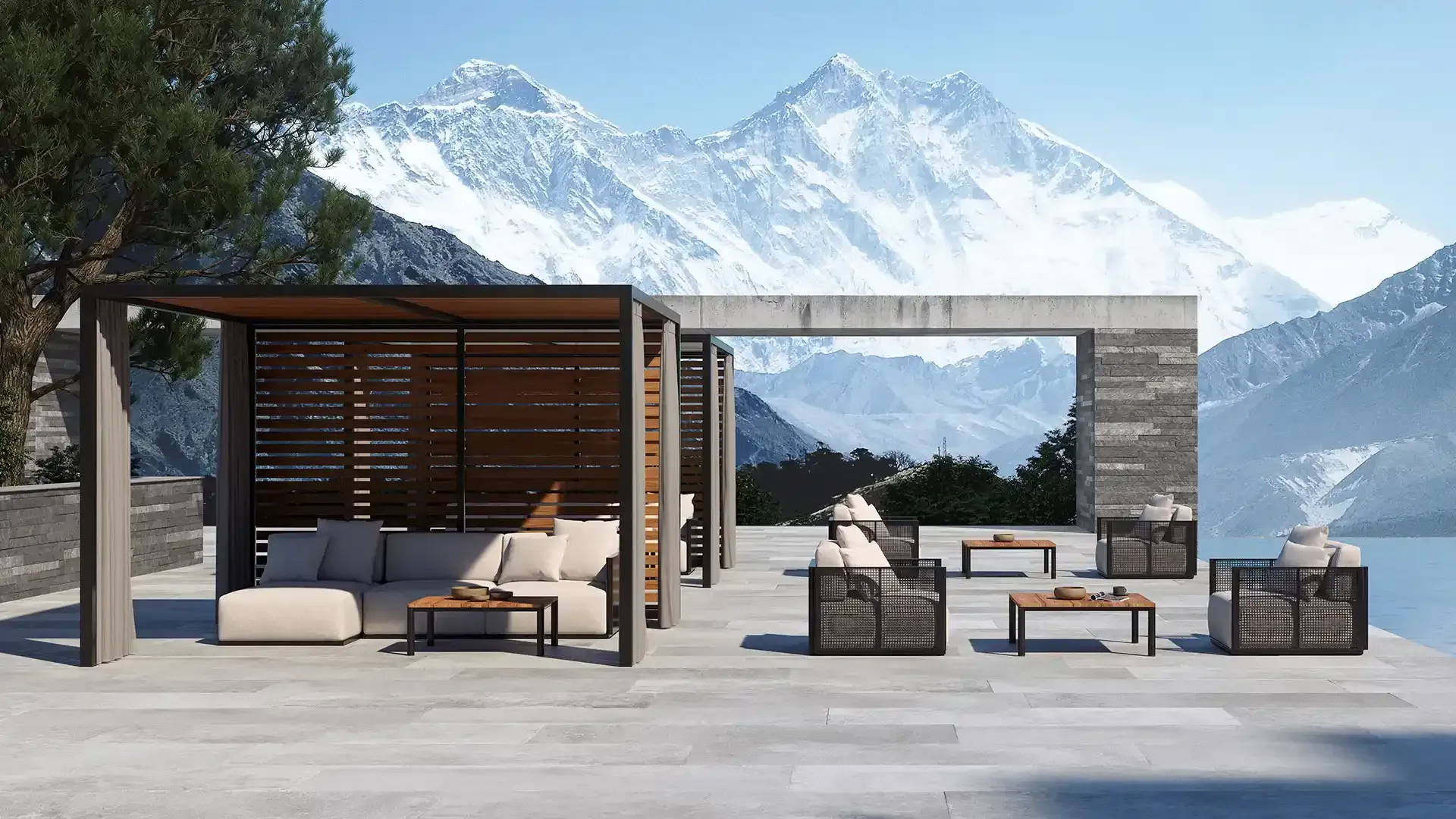 Zona de salón al aire libre con vistas a la montaña, con asientos modernos y pérgola de madera.