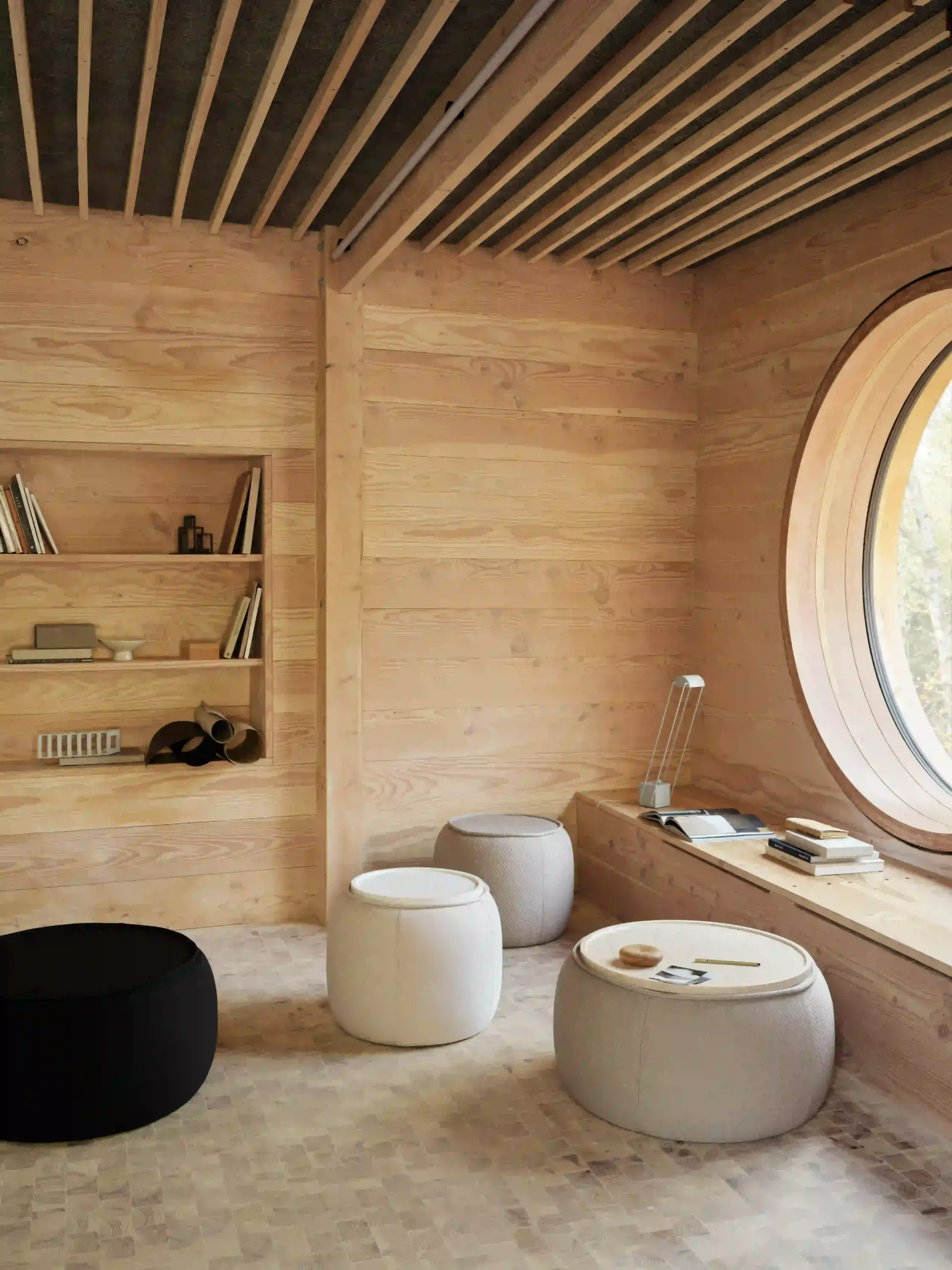 Habitación acogedora y minimalista con paredes de madera, estantes empotrados, ventana redonda y tres otomanas redondas.