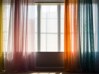 Una habitación con cortinas de colores y una ventana por donde pasa el sol.