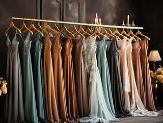 Una fila de vestidos colgados en un perchero en una habitación.
