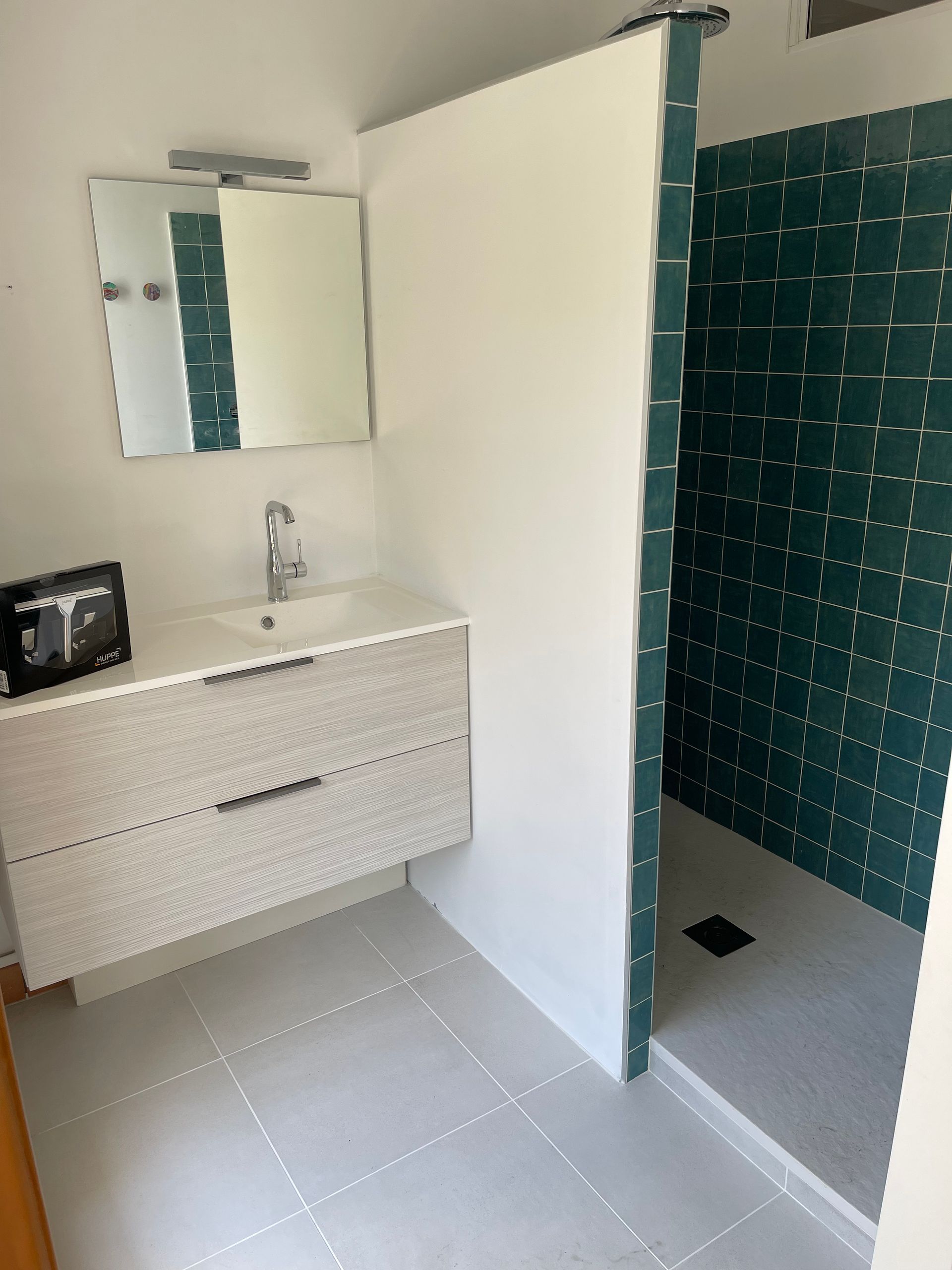 Salle de bains avec douche et meuble vasque