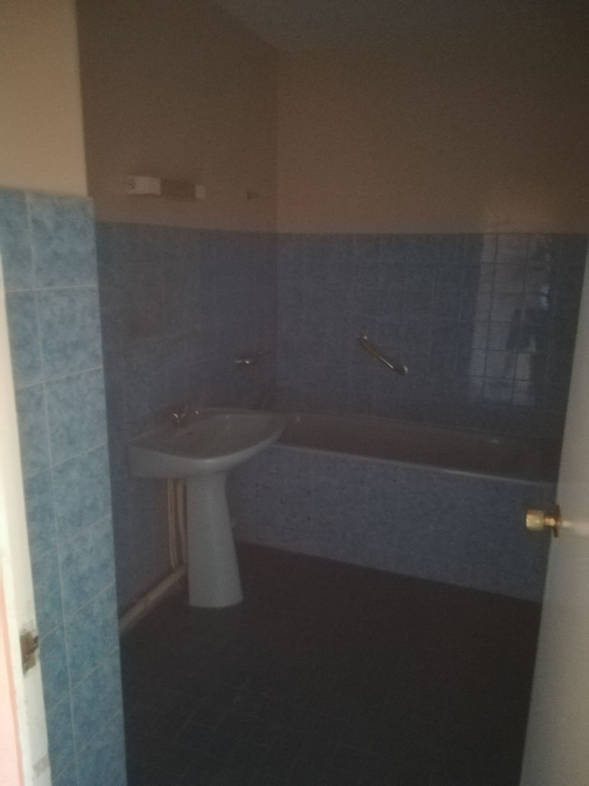 Un lavabo et une baignoire dans une salle de bains sans lumière