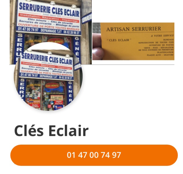 Enseigne pour la serrurerie « Clés Éclair » et carte de visite avec numéro de téléphone.