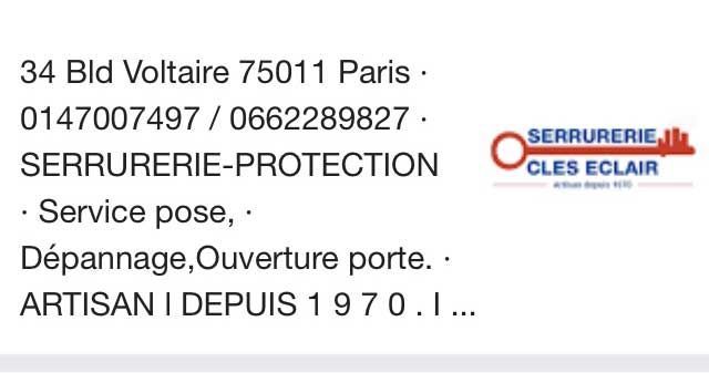 Carte de visite du service de serrurerie « SERRURERIE-PROTECTION » à Paris, comportant l'adresse, les numéros de téléphone et un logo en forme de clé.