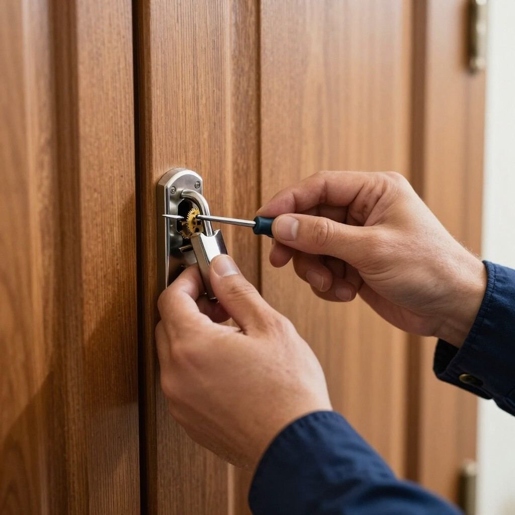 Manos usando un destornillador para trabajar en la cerradura de una puerta de un armario o puerta de madera.