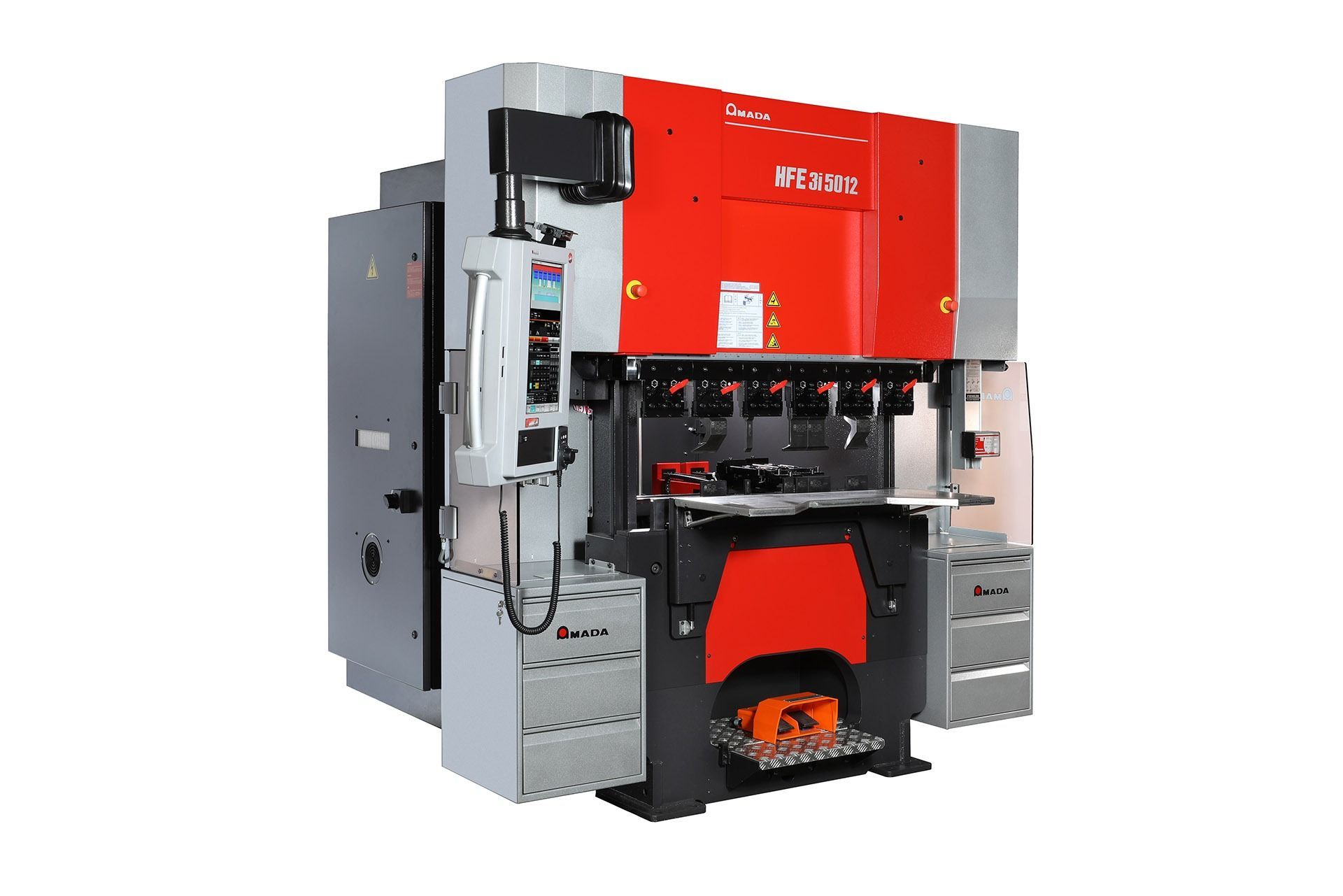 Una máquina roja y negra está sentada encima de una mesa blanca.