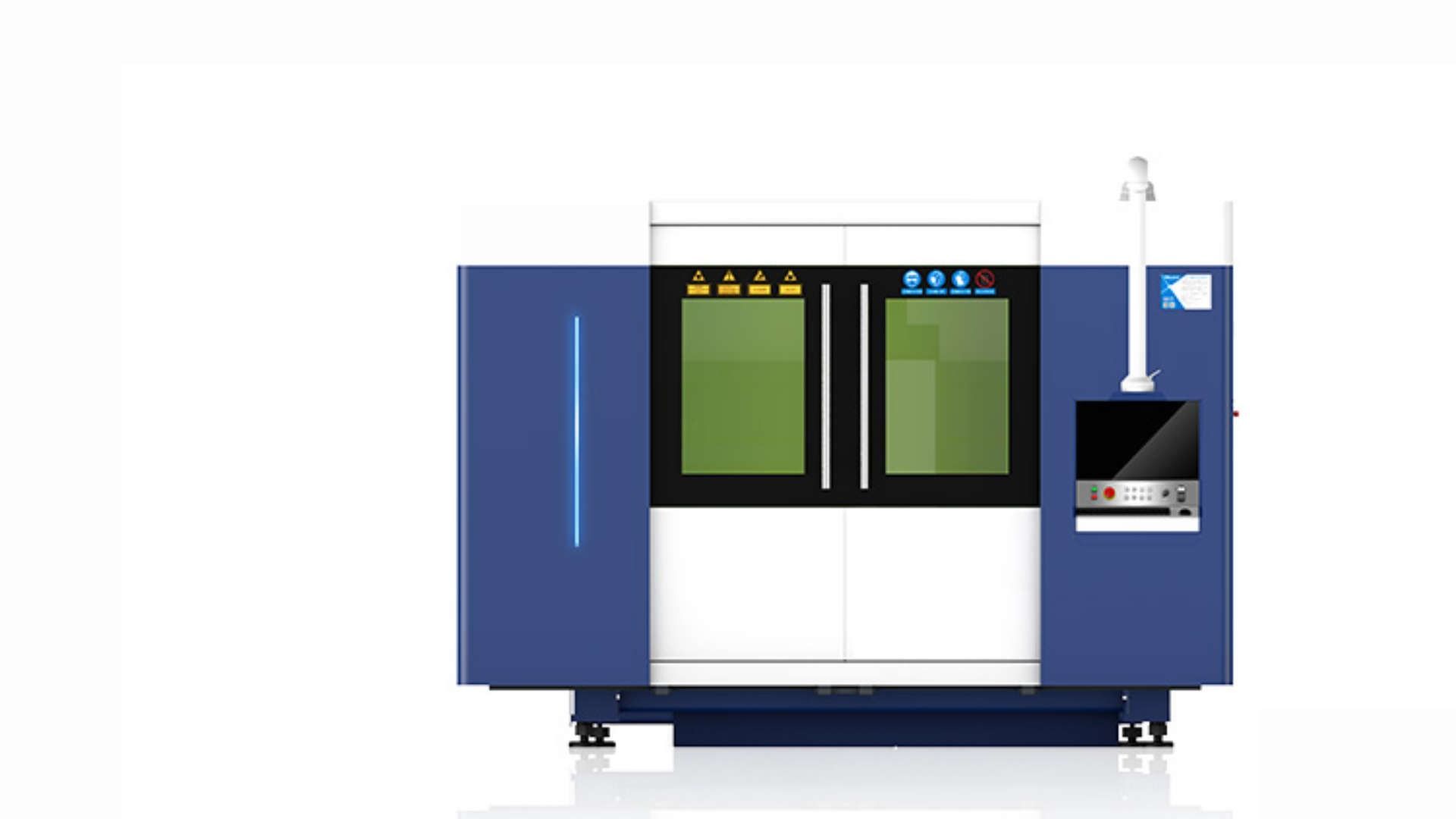 Una máquina azul y blanca está sentada sobre una superficie blanca.