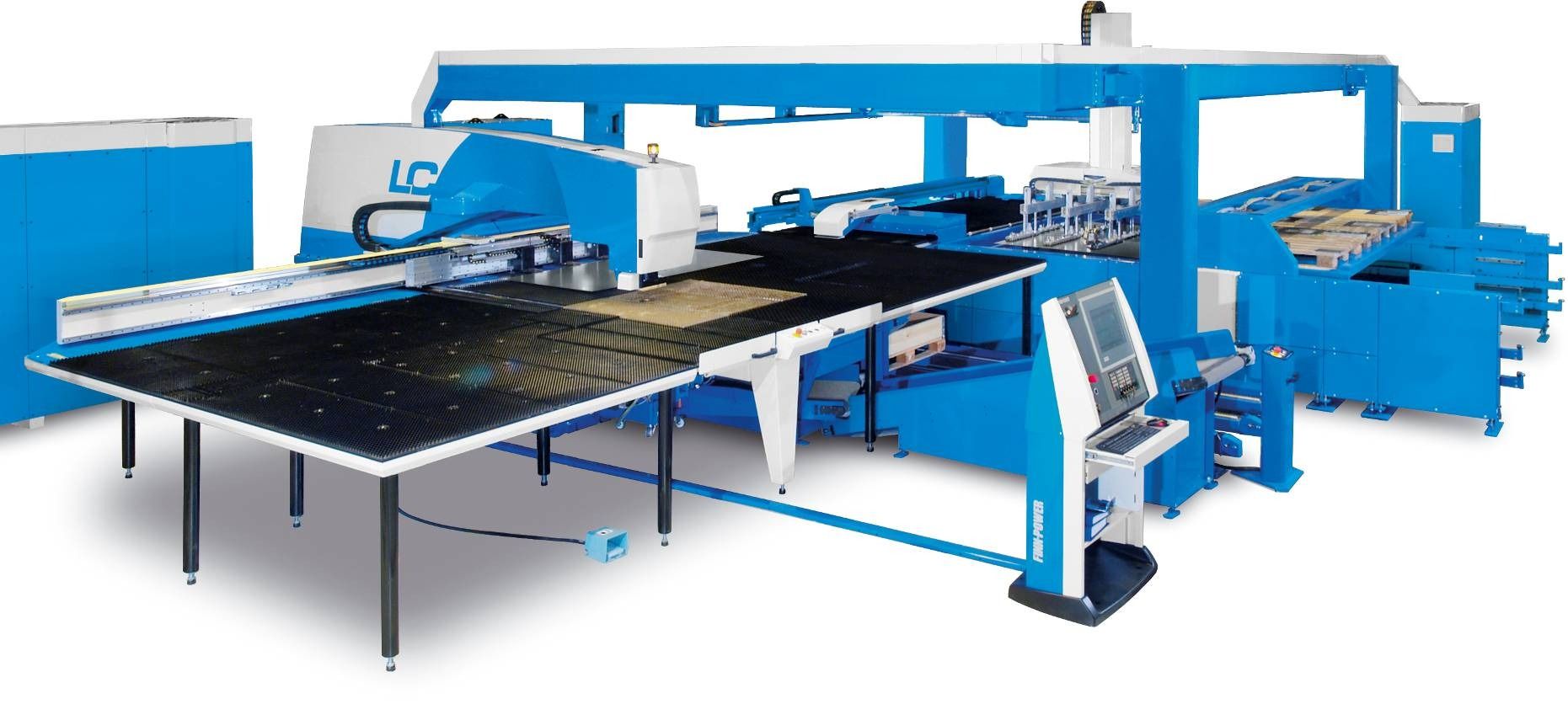 Una máquina azul y blanca está encima de una mesa.