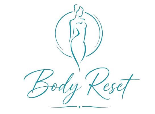 Logotipo color turquesa de una figura minimalista dentro de un c&iacute;rculo sobre las palabras &ldquo;Body Reset&rdquo;.