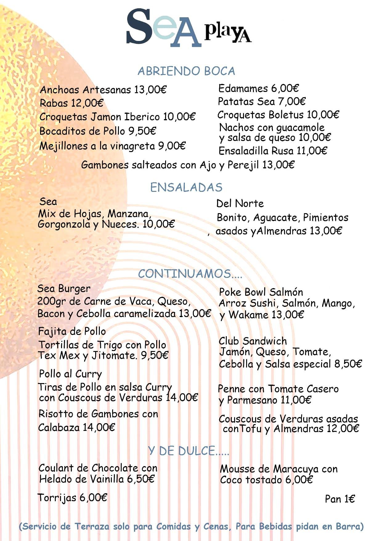 Un menú para un restaurante llamado Sea Playa