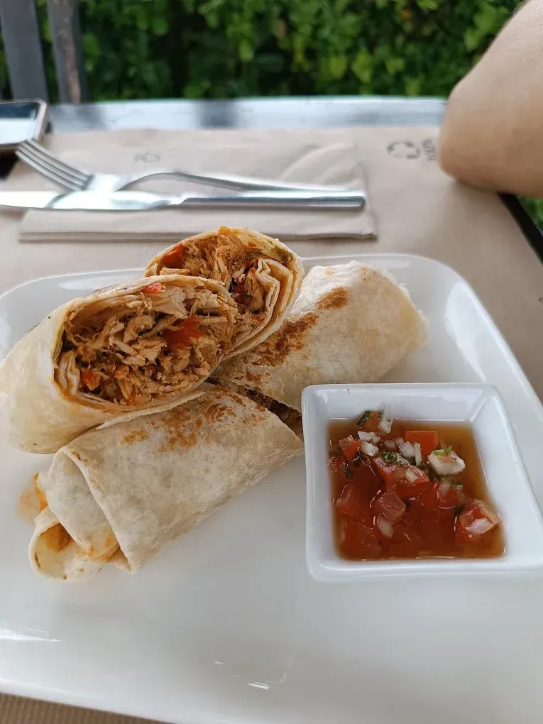 Un burrito con salsa en un plato blanco sobre una mesa.