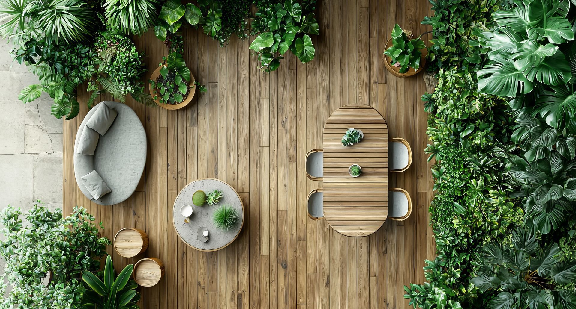 Une terrasse en bois et des arbres