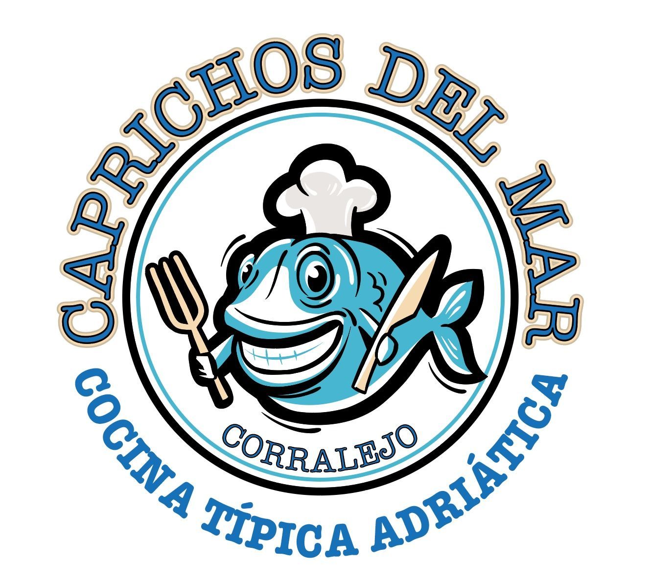 Logotipo: Caricatura de pez con gorro de chef sosteniendo tenedor y cuchillo, "Caprichos Del Mar" arriba.