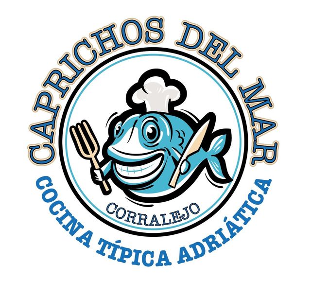 Logotipo: Caricatura de pez con gorro de chef sosteniendo tenedor y cuchillo, "Caprichos Del Mar" arriba.