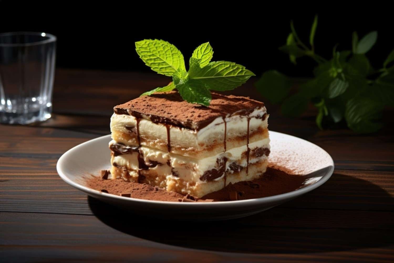 Postre en un plato estampado, que consiste en una delicia cubierta de chocolate sobre una base de crema.