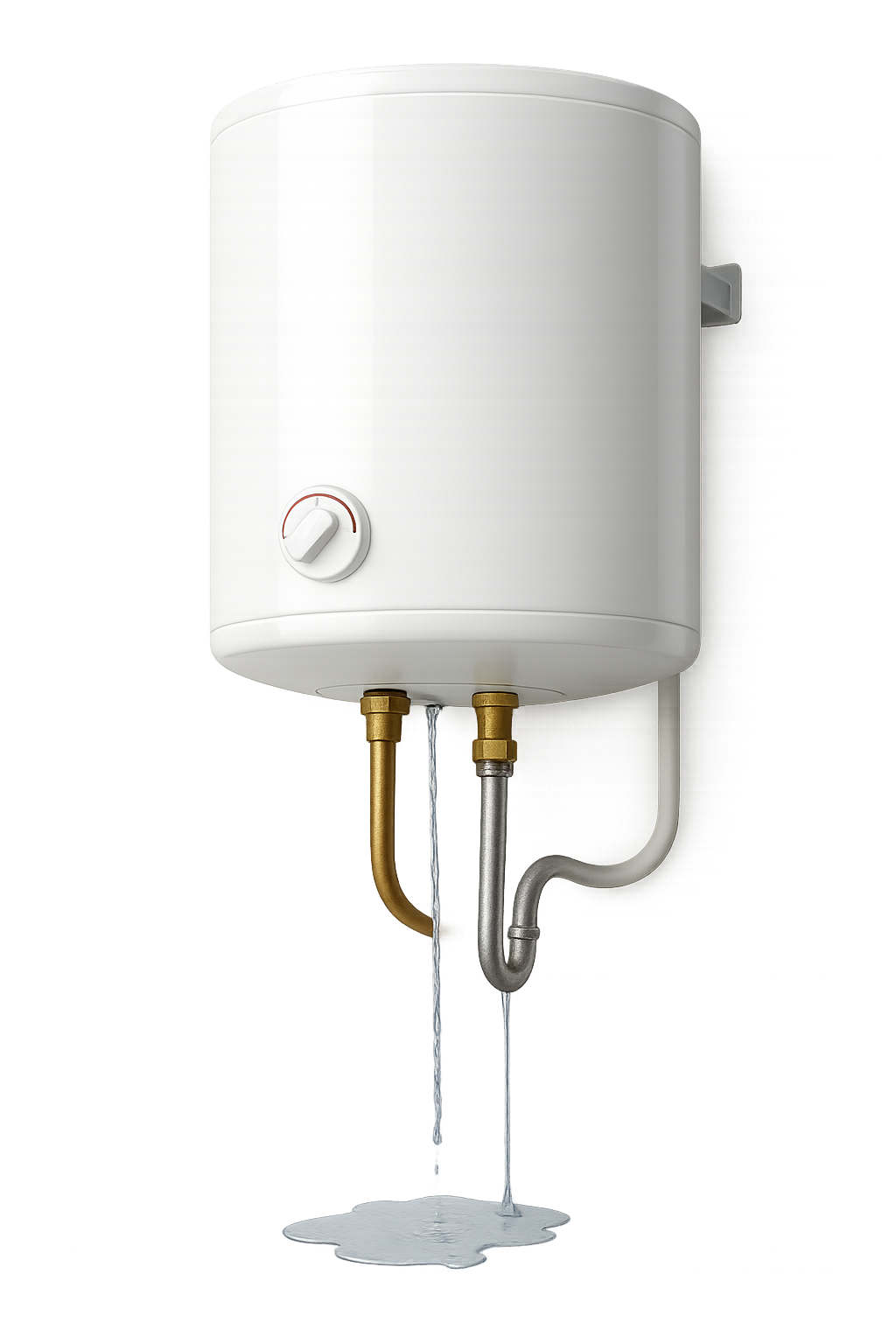 Plomberie sous évier avec siphon et tuyaux chromés contre un mur endommagé et un fond carrelé.