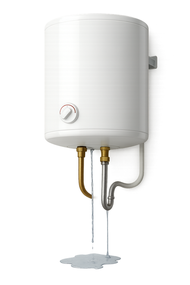 Chauffe-eau qui fuit sur le sol. Réservoir blanc, tuyaux en laiton et chrome.