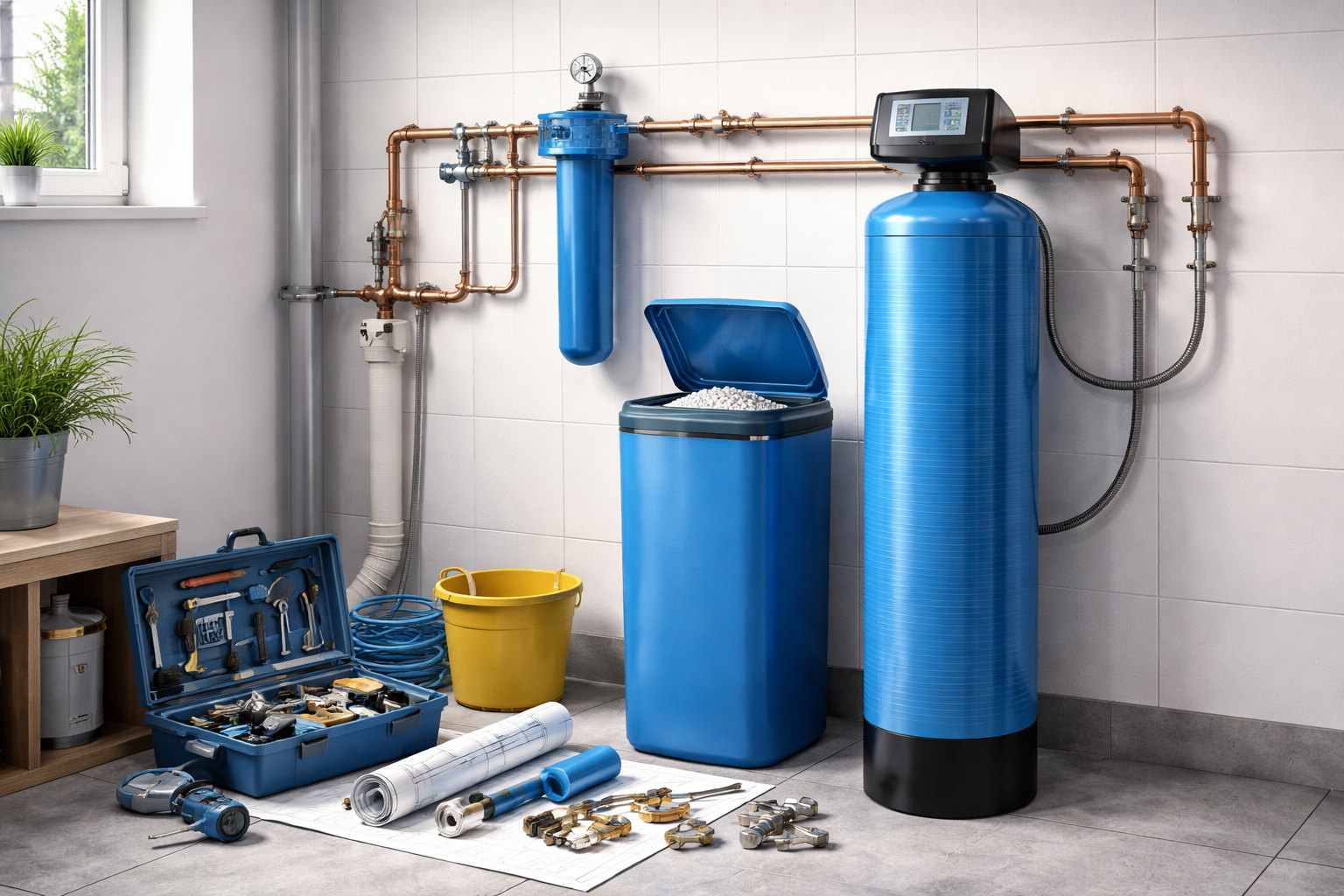 Plomberie sous évier avec siphon et tuyaux chromés contre un mur endommagé et un fond carrelé.