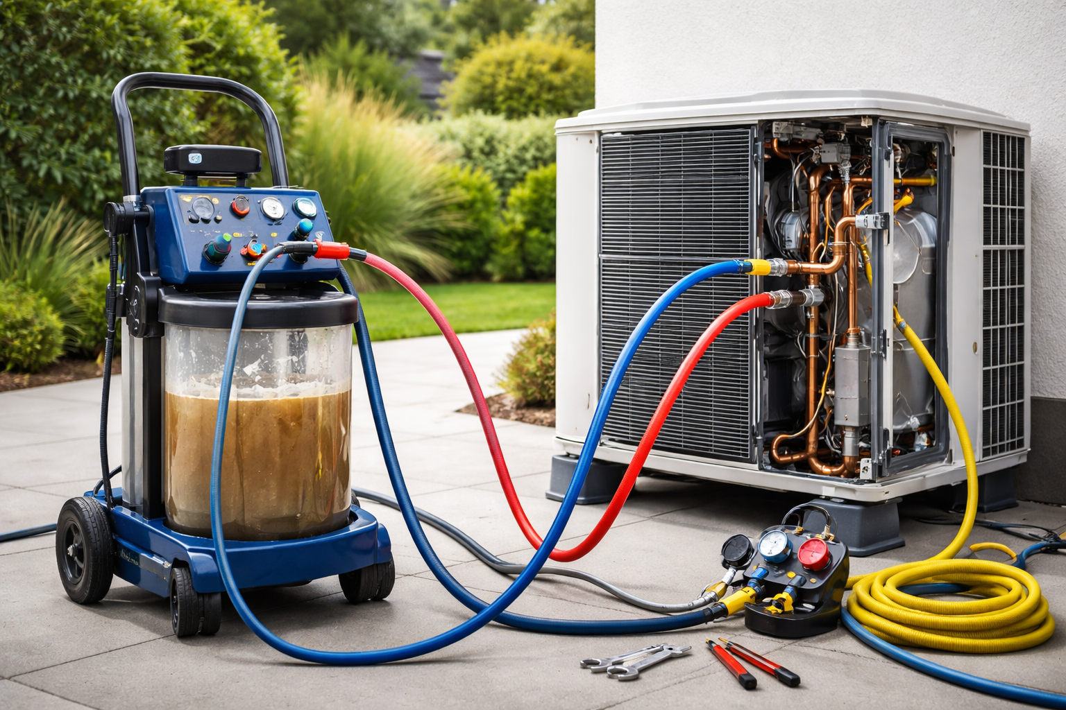 Mains dans des gants bleus retirant un filtre de climatisation, nettoyant l'appareil à l'intérieur.