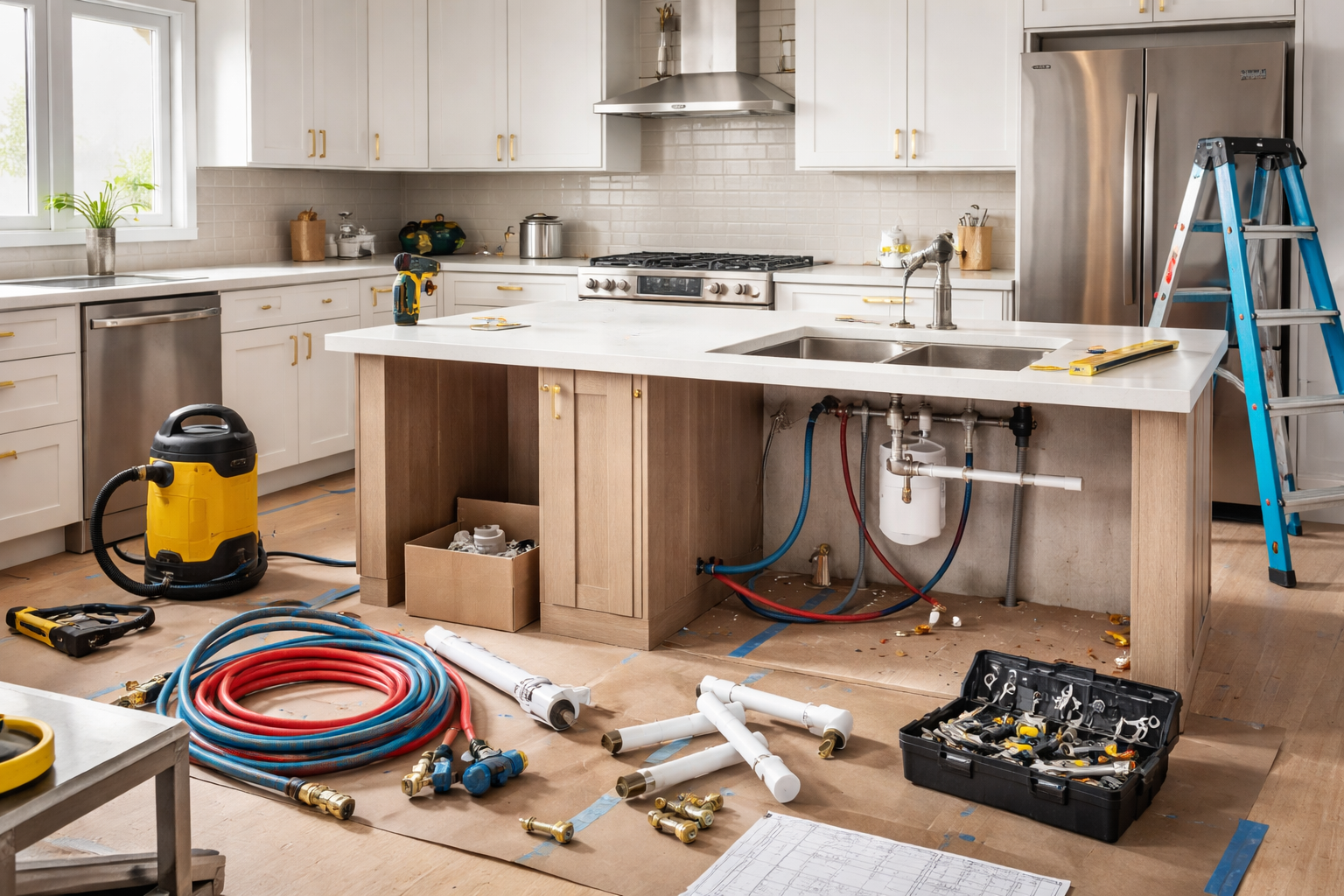 Charpente en bois avec plomberie installée : conduites d'eau rouges et bleues, tuyaux d'évacuation blancs.