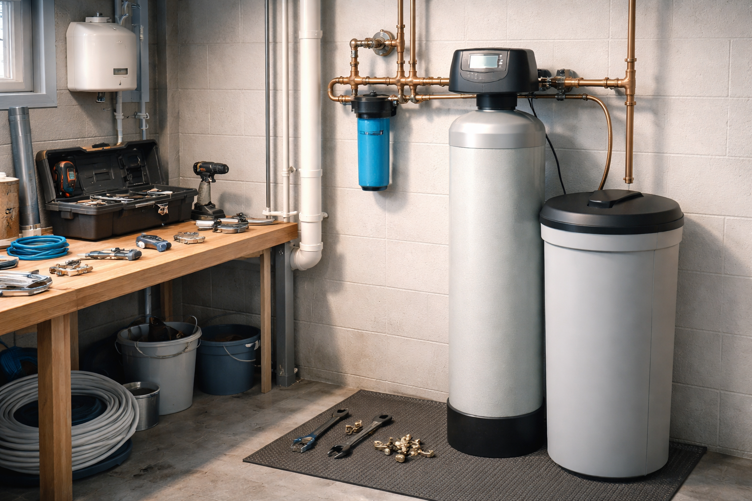 Robinetterie de salle de bain : lavabo, tuyauterie et baignoire blancs. Murs et sol couleur crème.