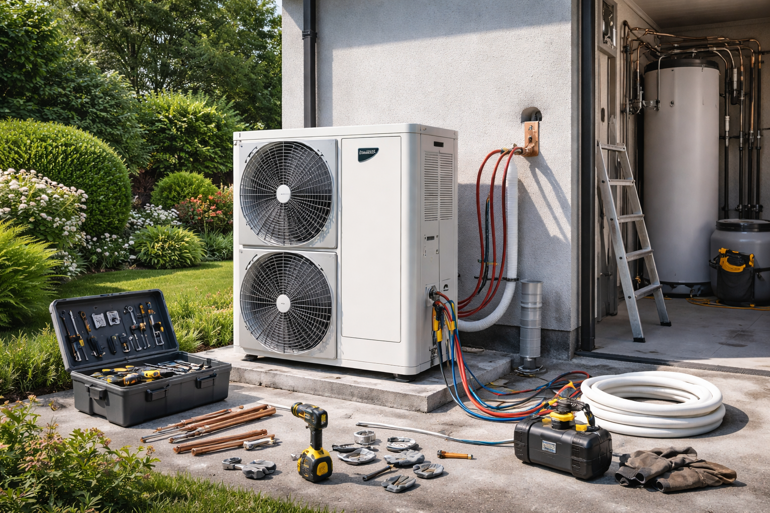 Climatiseur blanc monté au plafond, lumières encastrées et boiseries sur un plafond gris.