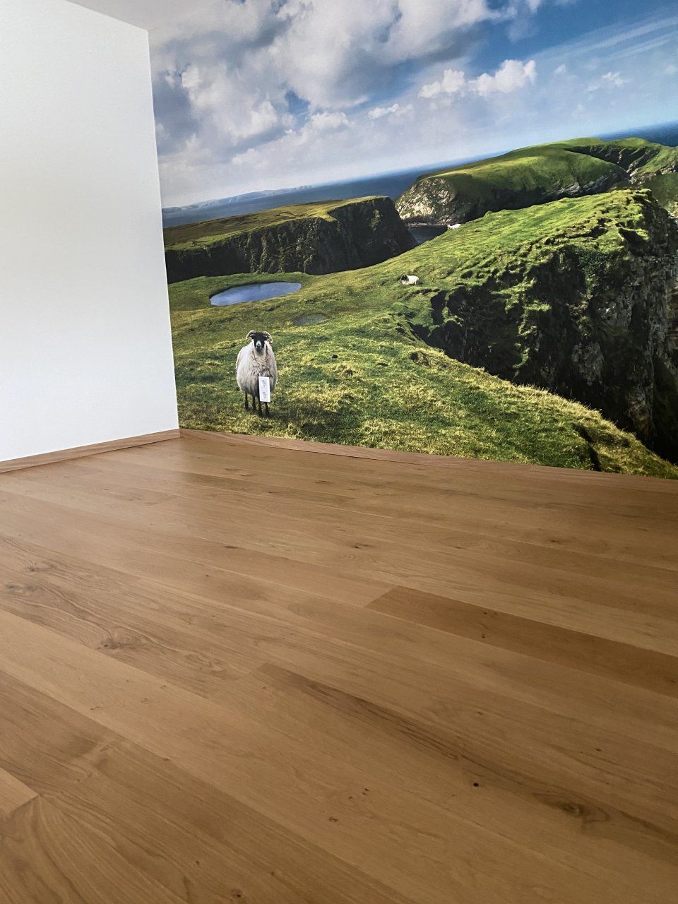 Holzboden vor einer Wand mit einem Wandbild eines Schafes auf einem grünen Hügel mit einem See und blauem Himmel.