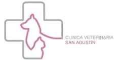 Logo de Clínica Veterinaria San Agustín con silueta rosa de perro y gato sobre una cruz gris