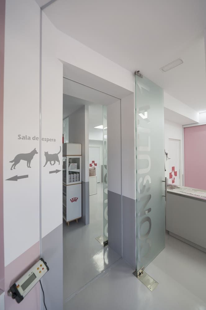 Pasillo de hospital luminoso con puertas de cristal, paredes grises y una habitación rosa al fondo.