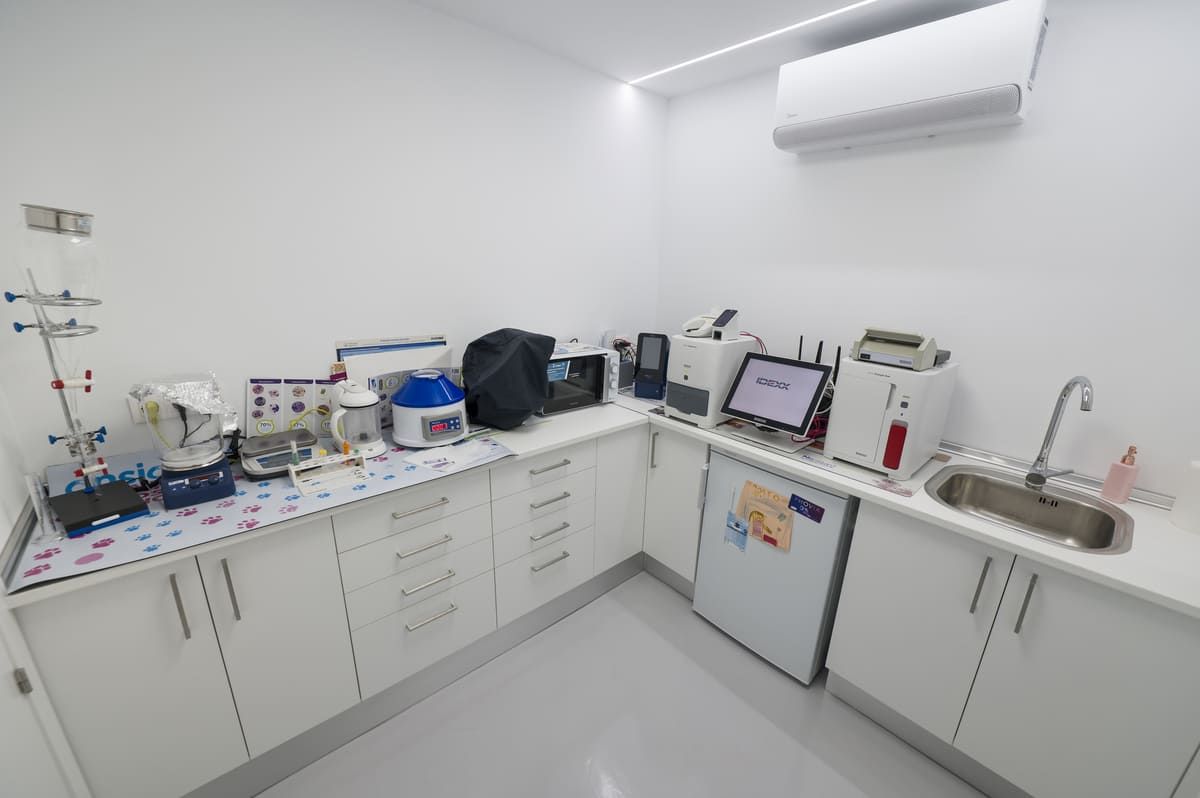 Laboratorio luminoso con encimeras blancas, equipo científico y un pequeño refrigerador debajo de una unidad de aire acondicionado.