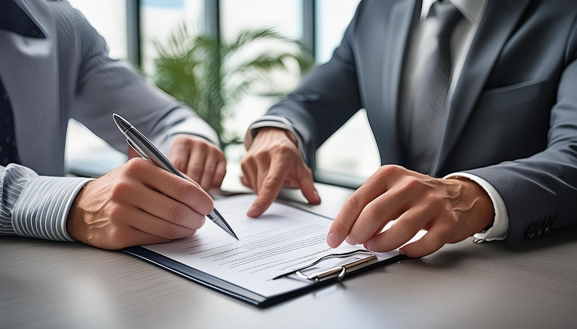 Deux hommes d'affaires signent un document à un bureau, avec des stylos et un bloc-notes.