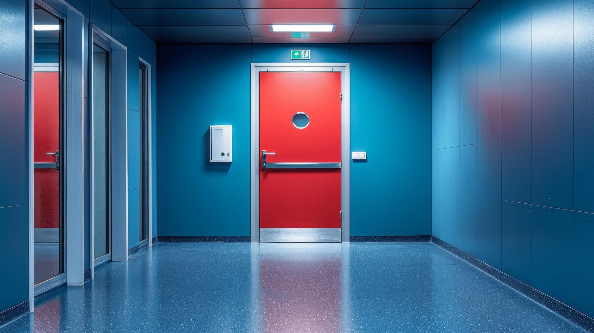 Couloir bleu avec une porte rouge au fond, éclairé par des lumières vives au plafond.