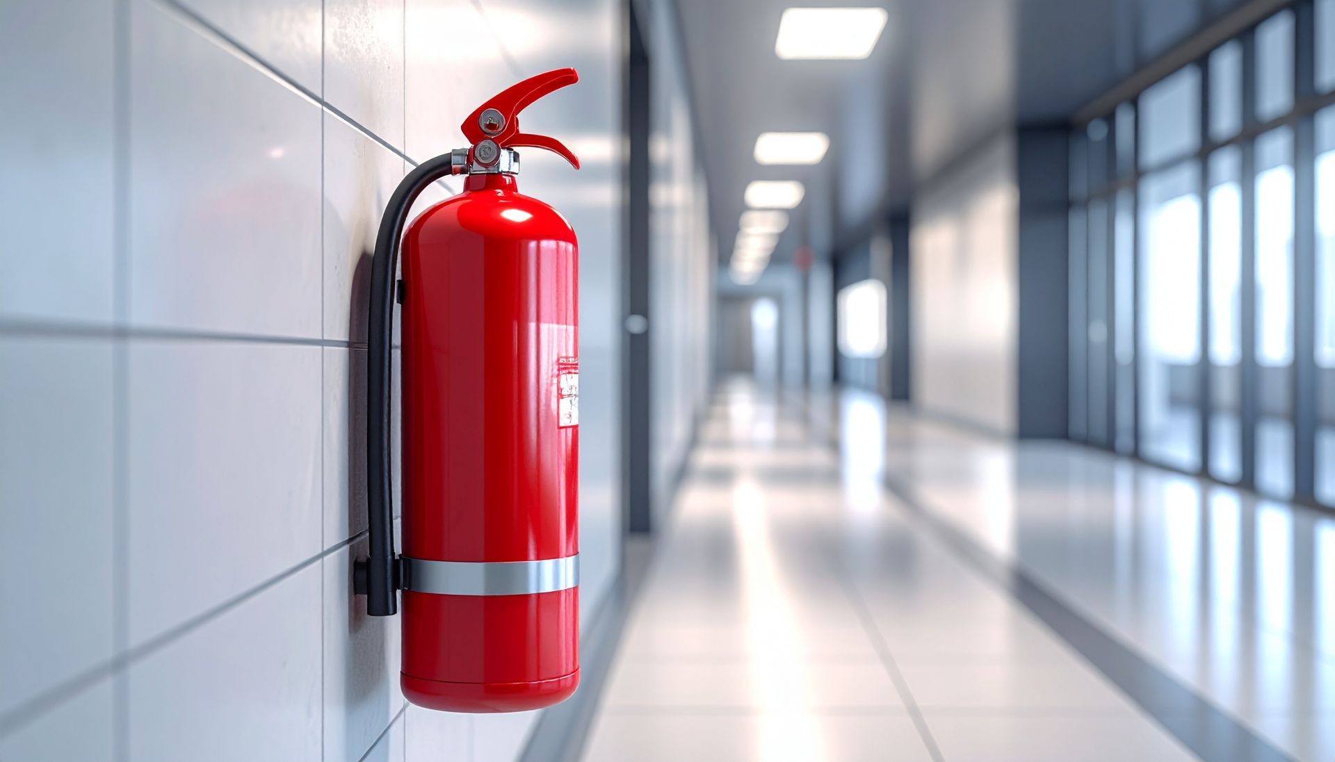 Extincteur rouge fixé au mur d'un couloir lumineux.