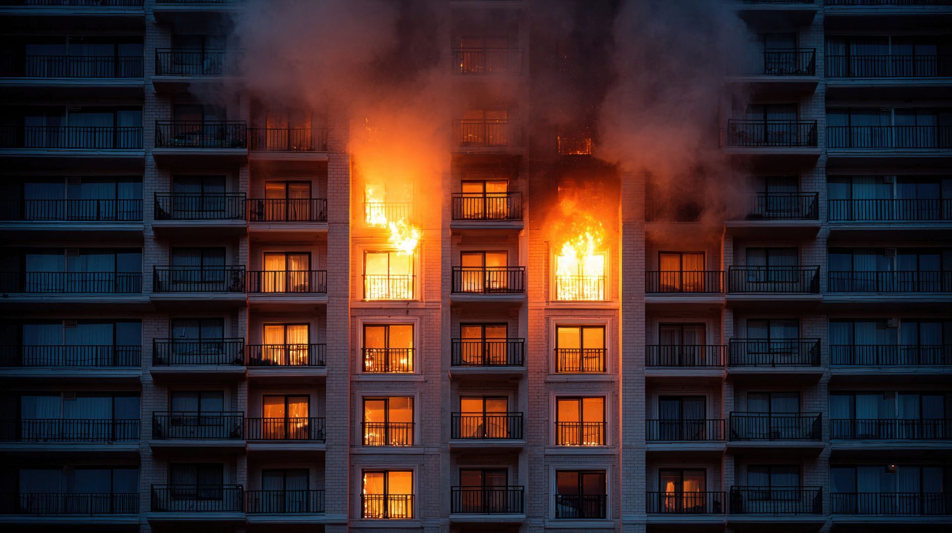 Immeuble d'appartements avec des flammes et de la fumée s'échappant des étages supérieurs la nuit