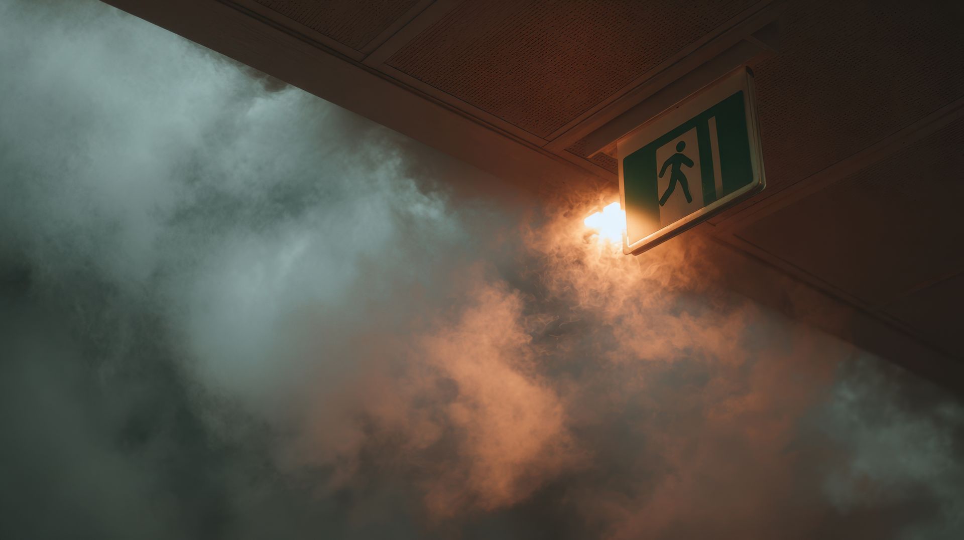 De la fumée emplit un couloir sombre sous un panneau de sortie de secours vert fluorescent.