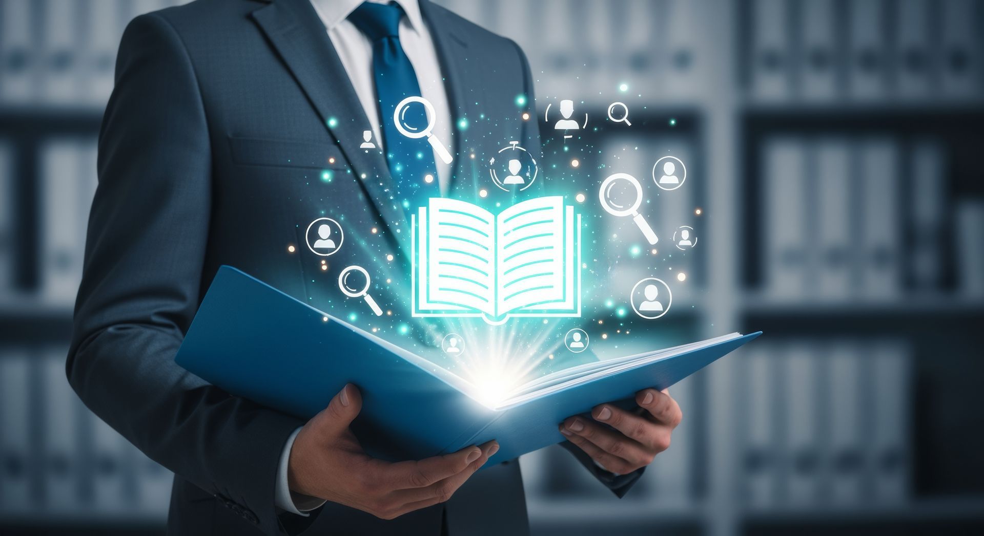 Homme d'affaires en costume tenant un livre ouvert et lumineux orné d'icônes éducatives sur un fond de bibliothèque flou.
